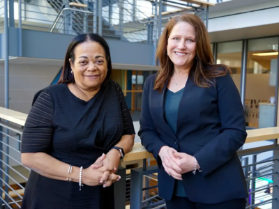 Karla Henderson (left), president and CEO of Project for Pride in Living, and Andrea Brennan (right), president and CEO of the Greater Minnesota Housing Fund, pose for a portrait in the Kling Public Media Center in Saint Paul on Thursday. Nikhil Kumaran | MPR News