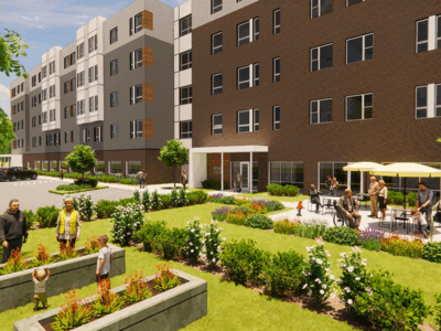 Rendering of Brae View, a 72-unit senior housing development at the corner of Fifth Street and Fifth Avenue East in Duluth. Photo credit: One Roof Community Housing