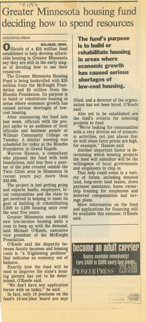 April 17, 1996 news story from the Pioneer Press about the founding of GMHF