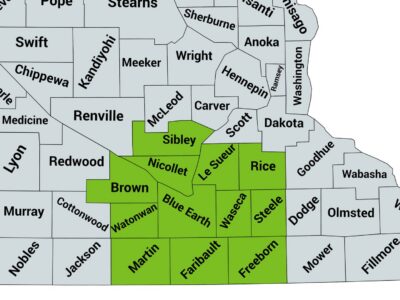 Map of southern Minnesota with the South Central regional counties highlighted in green. These counties are Blue Earth, Brown, Faribault, Freeborn, Le Sueur, Martin, Nicollet, Rice, Sibley, Steele, Waseca and Watonwan.