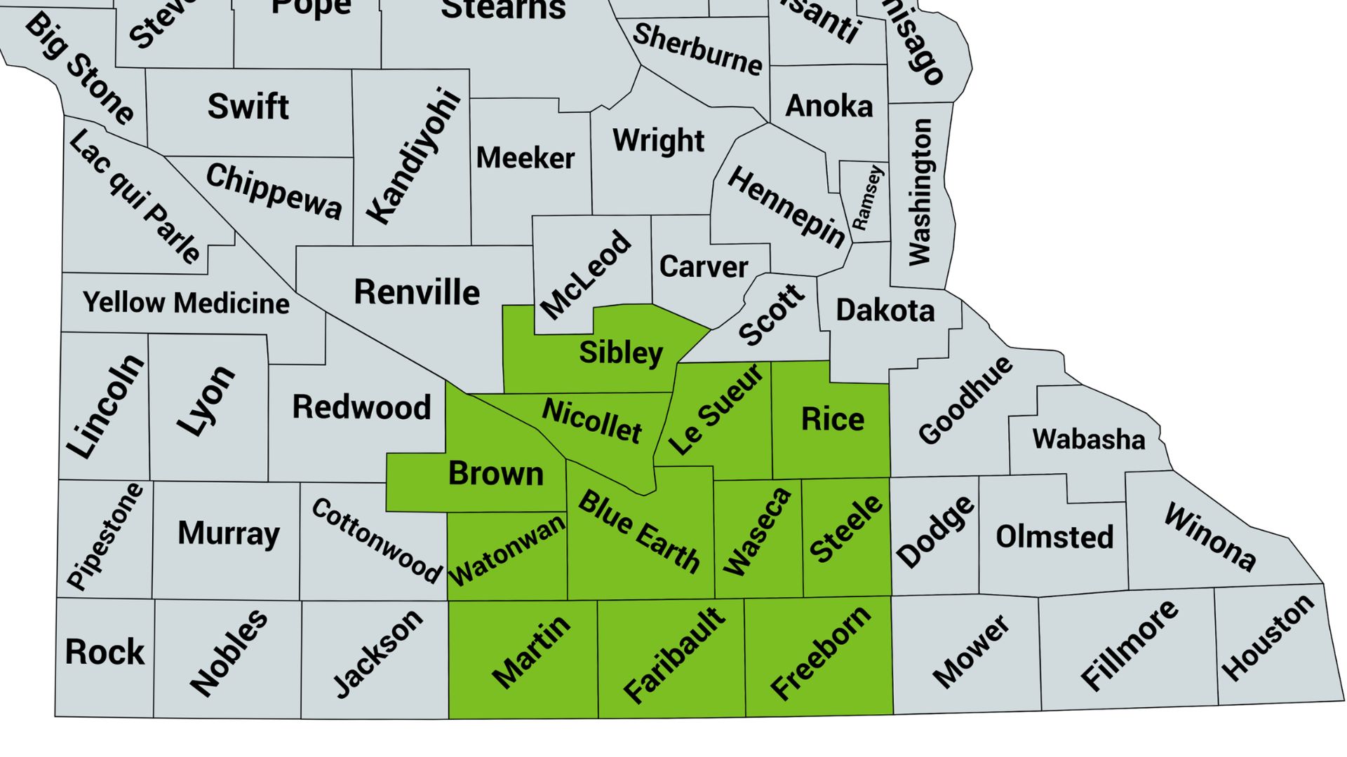 Map of southern Minnesota with the South Central regional counties highlighted in green. These counties are Blue Earth, Brown, Faribault, Freeborn, Le Sueur, Martin, Nicollet, Rice, Sibley, Steele, Waseca and Watonwan.