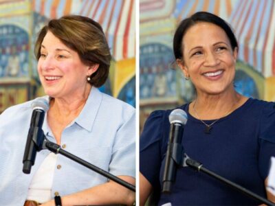 Side by side photos of Sen. Amy Klobuchar and Speaker Lisa Demuth speaking during the housing forum at the state fair