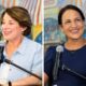 Side by side photos of Sen. Amy Klobuchar and Speaker Lisa Demuth speaking during the housing forum at the state fair